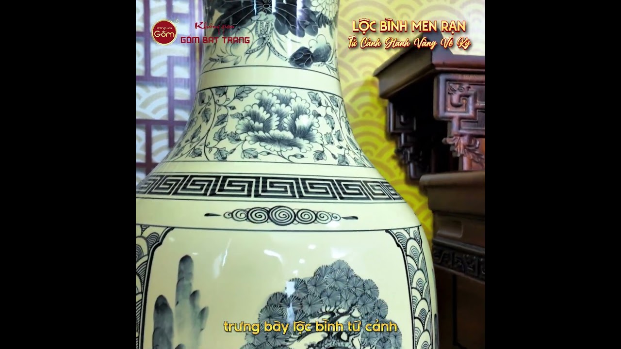 Lộc Bình 1M2 Men Rạn Tứ Cảnh Hanh Vàng Vẽ Kỹ