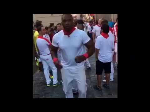 Celebrity trainer Christopher Clarke Running of the Bulls at dead man's corner - Spain