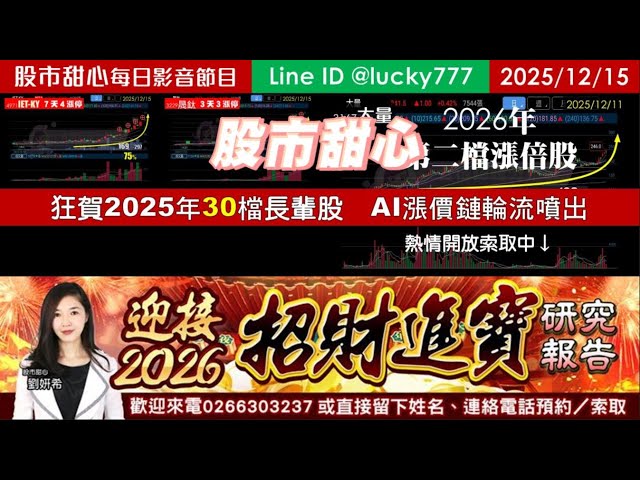 1215【甜心盤後影音】【招財進寶研究報告】狂賀大量榮登26年第二檔長輩股，25年30檔長輩股，招財進寶AI漲價鏈輪流噴出！