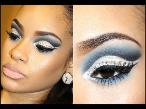 Dramatic Blue & Silver Winged Cut Crease with Glitter & Rhinestones