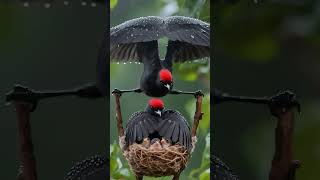 The cute little bird in the wind and rain.