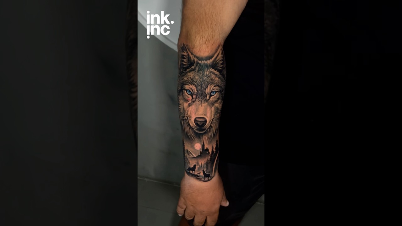 Wolf Forearm Tattoo Blue Eyes, Moon & Forest Landscape Design. #tattoo