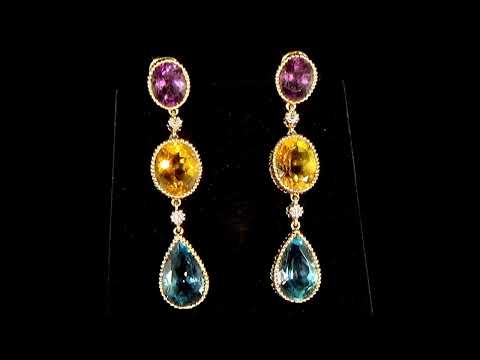 Lady's 14k Yellow Gold Multicolor Gemstone and Diamond Dangling Earrings