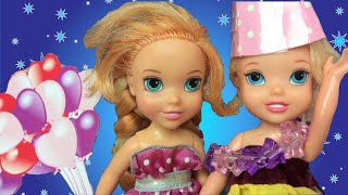 Anna and Elsa Toddlers Sleepover Birthday Party ! Elsya and Annya Dolls Toys MGA Bratz Barbie Cake