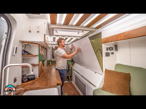 Camper Van Murphy Bed Vanishes to 9 Ft of Counter Space!