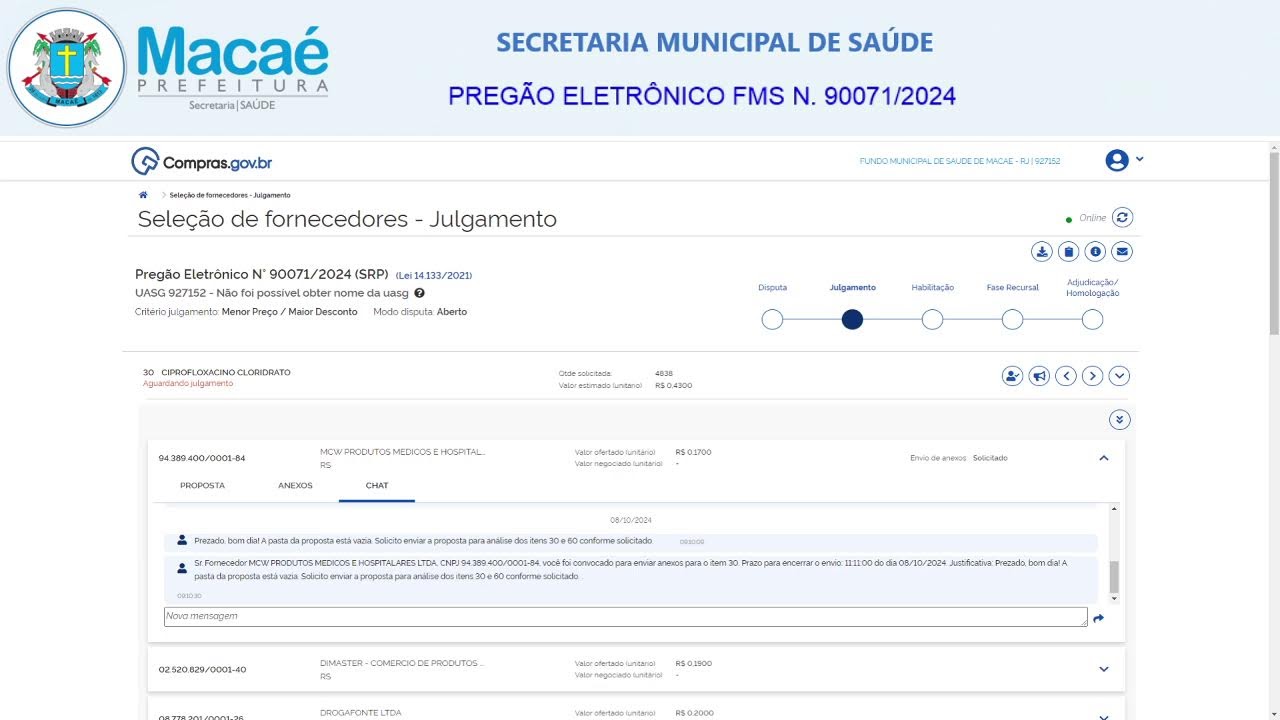 PREGÃO ELETRÔNICO SRP FMS N.º 90071/2024 - continuidade 1
