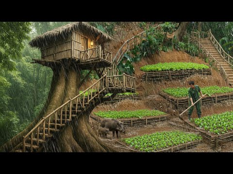 Solo Survival in the Rainforest | Building a Tree Shelter from Natural Wood & Finding Food