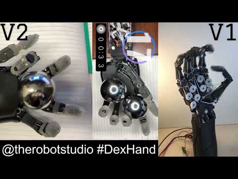 Side-by-side view of the V1.0 and the V2.0 Dexhand (white fingertips)