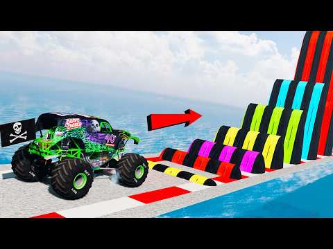 Grave Digger and MONSTER TRUCKS VS Colorful Speed Bumps - BeamNG Monster Truck Crashes