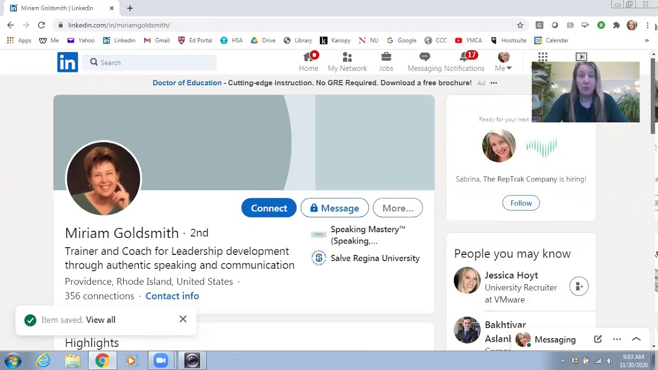 Sabrina Woods Linkedin Tip for Contacting people for FREE on LinkedIn