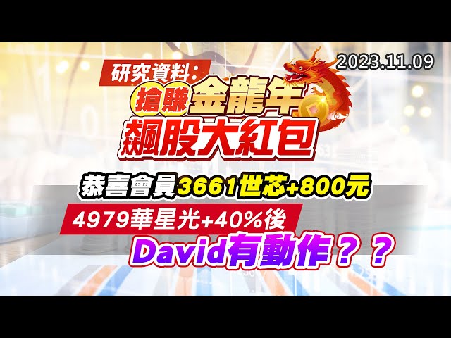 20231109《股市最錢線》#高閔漳 “研究資料：搶賺金龍年，飆股大紅包”” 恭喜會員3661世芯+800元，4979華星光+40%後，David有動作？？”