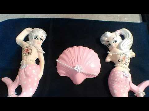 My Creation's #5 Pink Polka Dot Chalkware Mermaids w/Shells