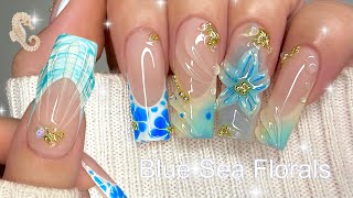 Blue Sea Florals 🌊 | Gel-X Nail Tutorial | Step-By-Step