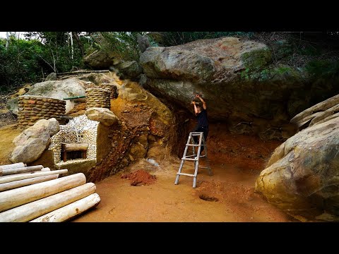 Building a Survival Shelter Under a Giant Rock in the rainforest, a Warm Campfire, Bushcraft Skills.