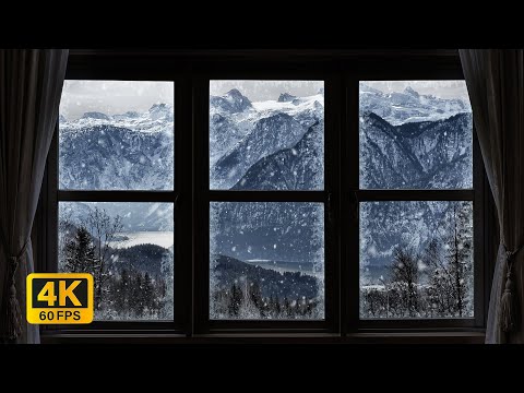 4K Winter landscape with snow window View - Relaxing, Calming, Ambience