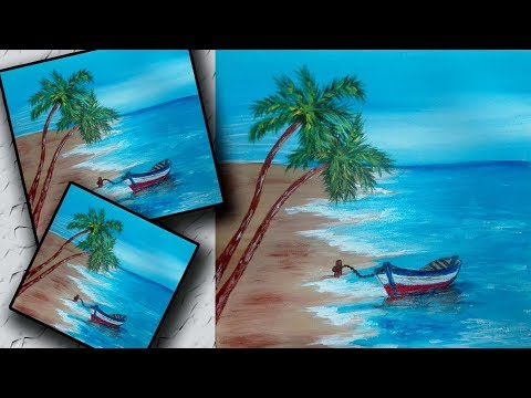 Boat on the beach Step by Step Acrylic Painting on Canvas for Beginners | Seascape | Zeeshan Art