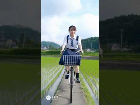 女子高生が自転車で田んぼに落ちる #制服 #uniform