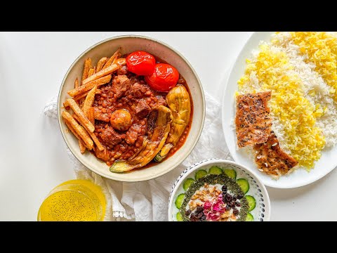 Persian Cuisine: Meat and Split Pea Stew with Eggplant, and Yogurt Dip | Khoresh Gheymeh Recipe