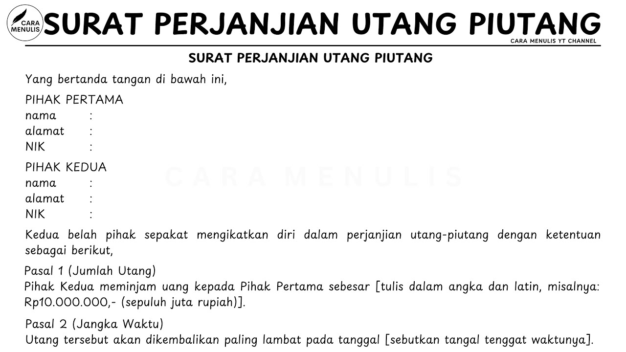 CARA MENULIS SURAT PERJANJIAN UTANG PIUTANG BERMATERAI ATAU SURAT UTANG PIUTANG