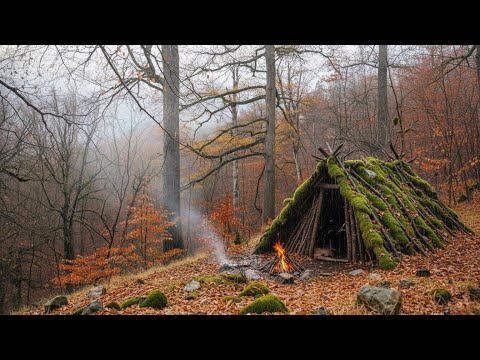 Solo Winter Bushcraft Survival in Heavy Rain | Building a Bushcraft Shelter, Winter Camping