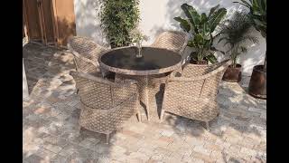 VILLANA Valento Garten-Essgruppe mit 4 Sesseln, natur/schwarz, Alu/Polyrattan, Ø120 cm, Tischplatte aus Sicherheitsglas