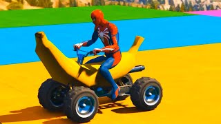 BANANA ATV on TRUCK | Motocicletas e Caminhões Homem aranha e Obstáculos de Parkour GTA V Mods