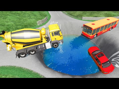 Cars vs Giant Pit Deep Water - Trailer Transporter Cars - BeamNG.Drive