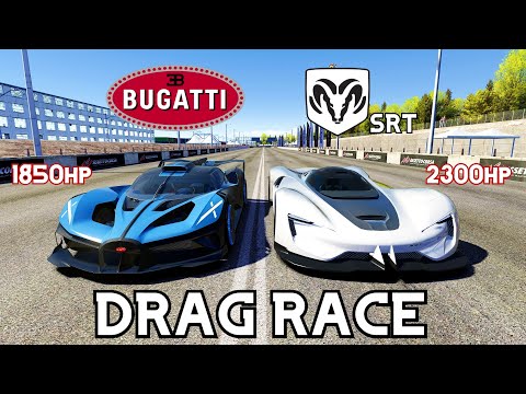 2300HP DODGE SRT TOMAHAWK VS 1850HP BUGATTI BOLIDE DRAG RACE | Assetto Corsa