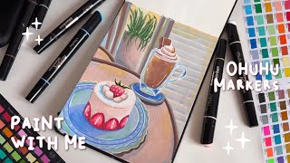 trying out ohuhu 90 acrylic markers! 🎨 painting a cafe spread 🍰 cake and coffee illustration ☕️