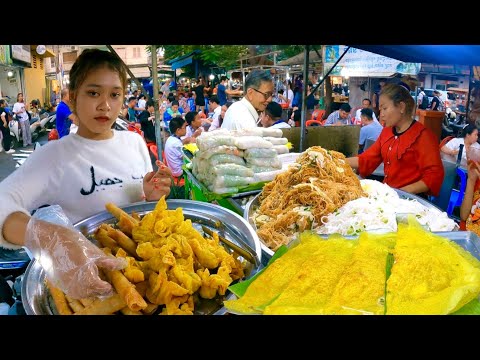 Very Popular Cambodian street food | Delicious Yellow Pancake, Spring Rolls & Noodles & More