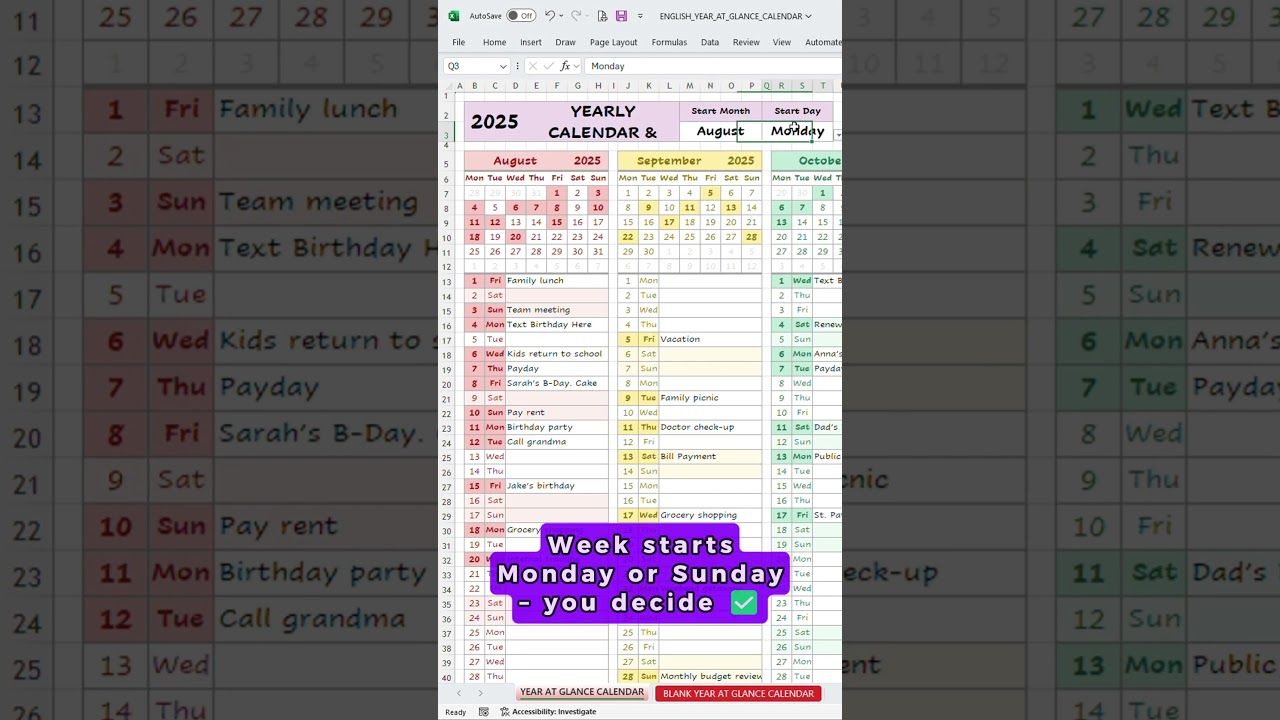 Editable Excel Calendar Template 2025 2026 📅 | Google Sheets Dynamic Planner #exceltemplate #excel