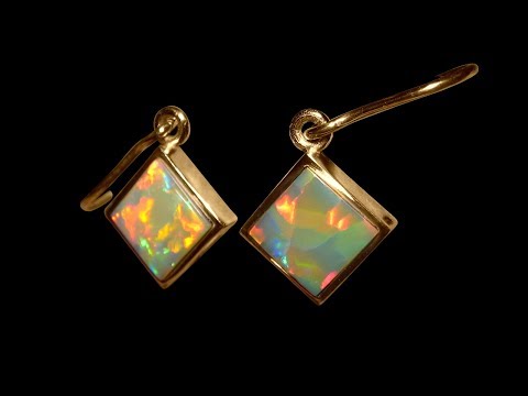 Harlequin Opal Earrings 14k Yellow Gold Diamond Shape | FlashOpal
