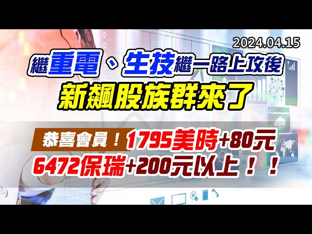 20240415《股市最錢線》#高閔漳 “繼生技、軍工一路上攻後，新飆股族群來了”” 恭喜會員！1795美時+80元；6472保瑞+200元以上！！”