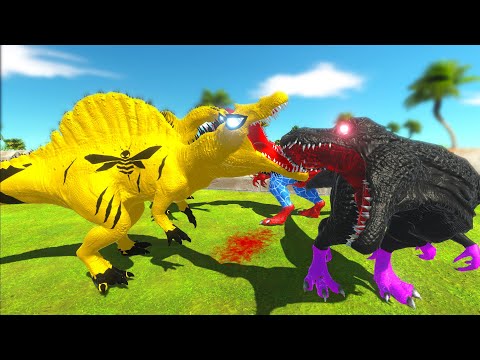 2x BUMBLEBEE SPINO vs SPIDERMAN T-REX vs BATMAN T-REX DEATH RUN - Animal Revolt Battle Simulator