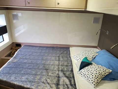 Aventura 50 powercat, 4th cabin and 4th head walk around, 5 cabin charter layout