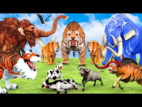 10 Mammoth Elephant vs 10 Big Bull Zombie Elephant vs Giant Tiger Fight Cow Cartoon Saved by Mammoth