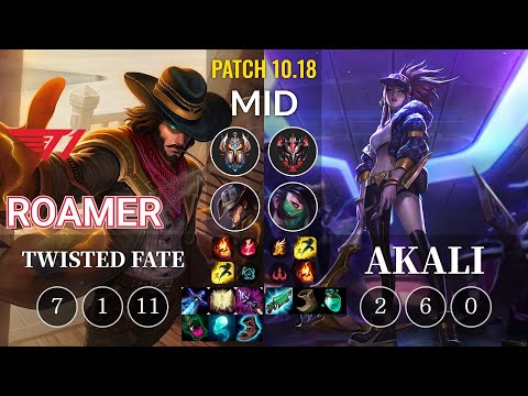 T1 Roamer Twisted Fate vs Akali Mid - KR Patch 10.18