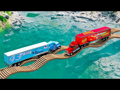 Mack truck vs Dinoco vs Double Rescue Impossible Log Wave Bridge Truck - Cars vs Deep Water - BeamNG