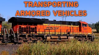 BNSF Freight Train With Military Cargo Blasts Train Horn At Railroad Crossing