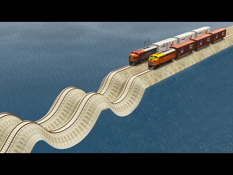 Impossible Weird Wave Rail Tracks Vs Trains Crossing Giant Pit - BeamNG.Drive