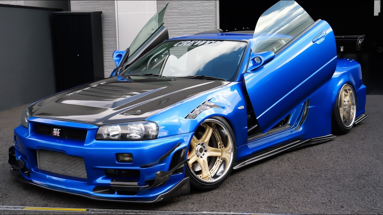 頭がおかしい…東名RB28 MAX800馬力！「ぼくの考えた最強のGTR」を実現した男が乗るスカイラインR34GT-R。本物GT500ワイドボディ流用！エアサス化、ガルウィング化、後付けサンルーフ他