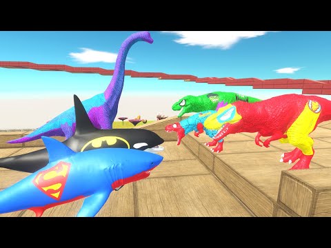 TEAM SUPERHEROES T REX vs AQUATIC MONSTER DEATH FALL - Animal Revolt Battle Simulator