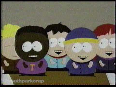 1999 TV ad still for Mr. Hankey’s Christmas Classics album with Mr. Hankey surrounded by caroling South Park characters