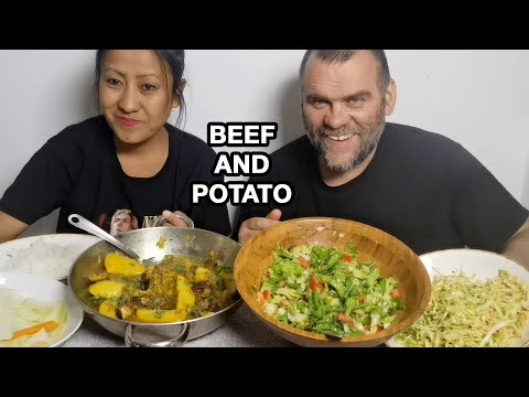 EATING BEEF AND POTATO/SIMPLE BEEF CURRY RECIPE/SALAD RECIPE/TANGKHUL MUKBANG