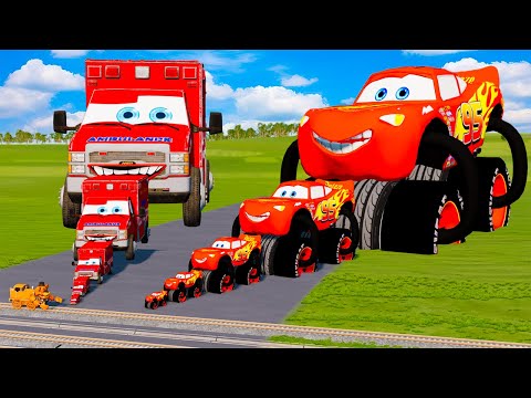 Big & Small Monster Double Wheels: Lightning McQueen VS Fire Truck McQueen VS Train | BeamNG.drive