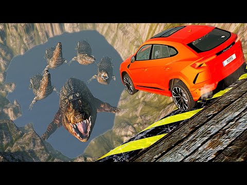 Car Jumps & Falls into Swamp with Hungry Crocodiles - BeamNG.drive