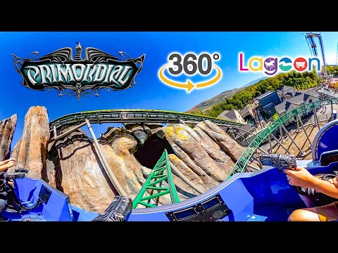 VR 360 Primordial Roller Coaster On Ride POV with Queue Owl Drop Ending Lagoon 2023 09 29