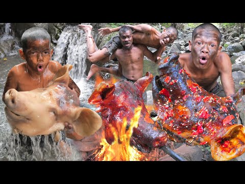 Primitive Technology - Wild Jungle Cooking Pig Head Adventure Eatind