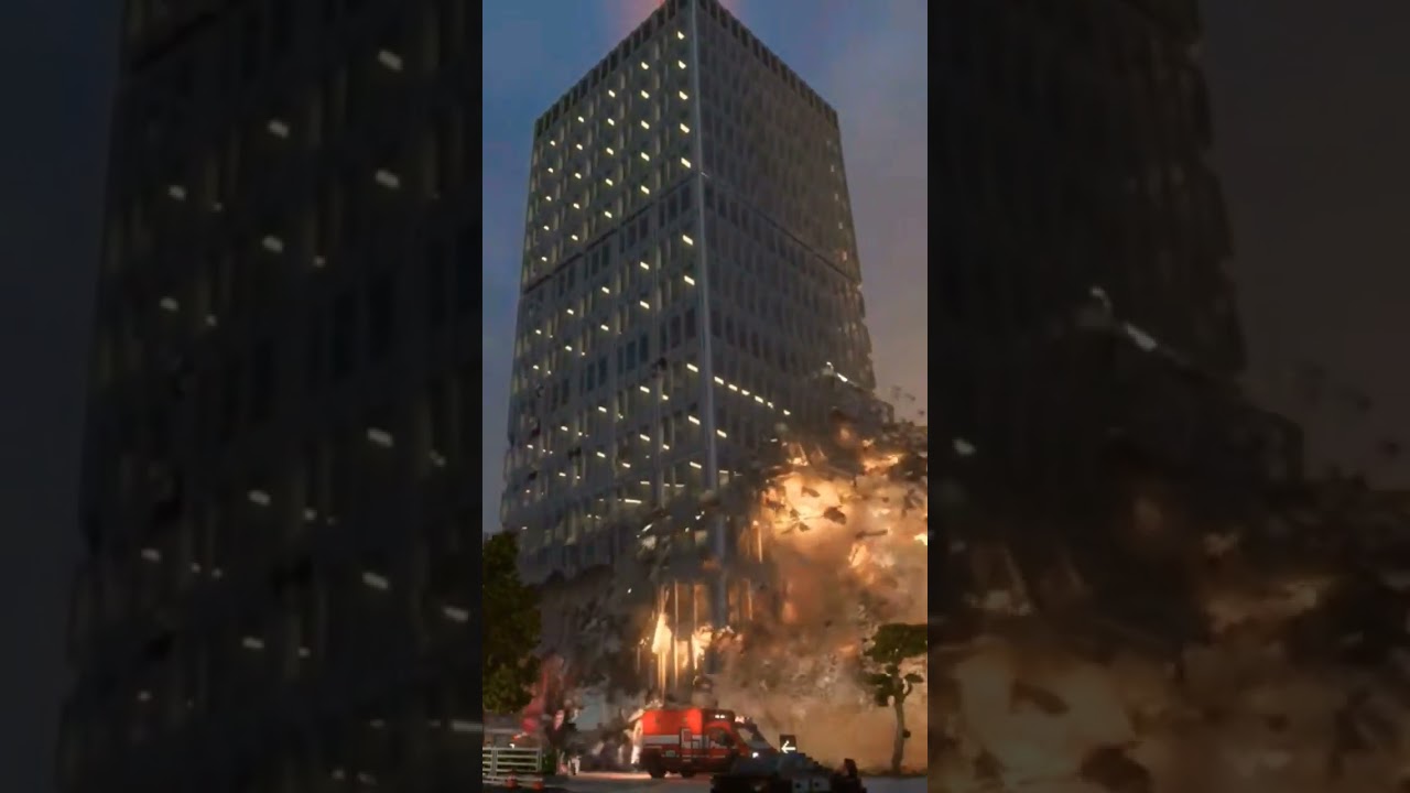Office tower on fire, explodes and collapses! (Simulation done in Teardown)
