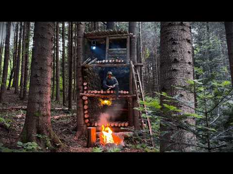 I Built a Multi-Level Log Shelter to Escape the Storm and Wild Boars